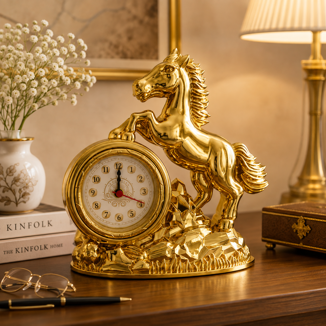 Royal Golden Horse Quartz Table Clock – Elegant Home Décor Showpiece