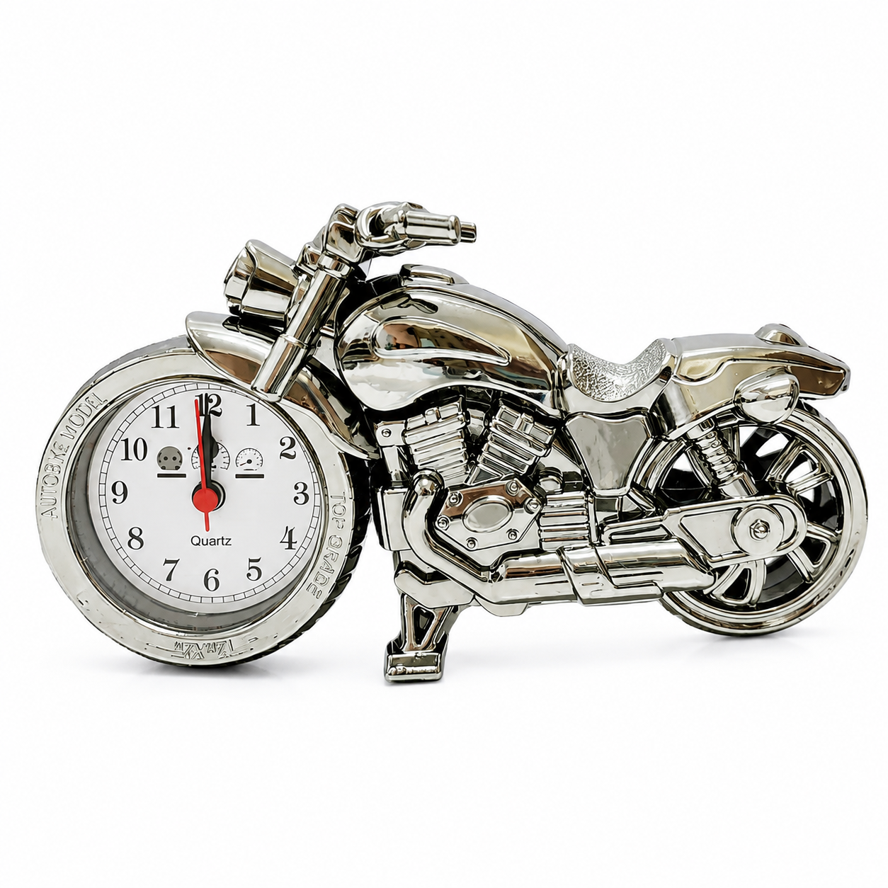 Vintage Motorcycle Desk Clock – Silver Metal Table Clock - Image 3