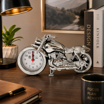 Vintage Motorcycle Desk Clock – Silver Metal Table Clock