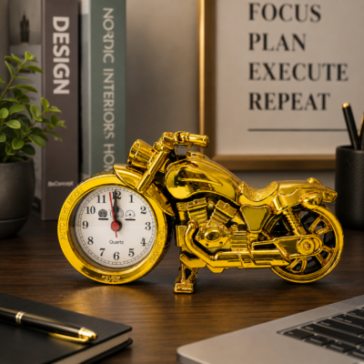 Luxury Gold Motorcycle Desk Clock – Vintage Quartz Table Clock