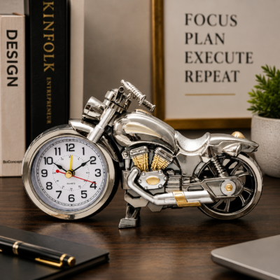 Premium Silver Motorcycle Desk Clock