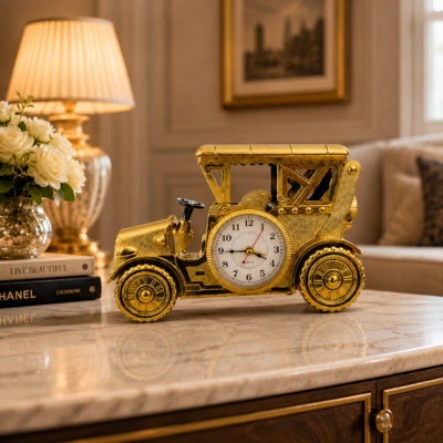 Premium Vintage Car Table Clock – Luxury Golden Decorative Quartz Desk Clock